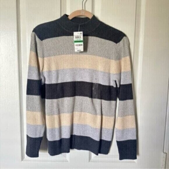 NWT Karen Scott Striped Sweater Mock Neck Gray Beige Color Block Long Sleeve - Picture 7 of 11